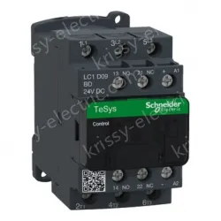 LC1D09B7 IEC contactor, TeSys Deca, nonreversing, 9A, 5HP at 480VAC, up to 100kA SCCR, 3 phase, 3 NO, 24VAC 50/60Hz coil, open style