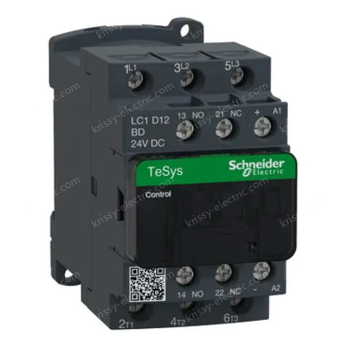 LC1D12BD IEC contactor, TeSys Deca, nonreversing, 12A, 7.5HP at 480VAC, up to 100kA SCCR, 3 phase, 3 NO, 24VDC coil, open style