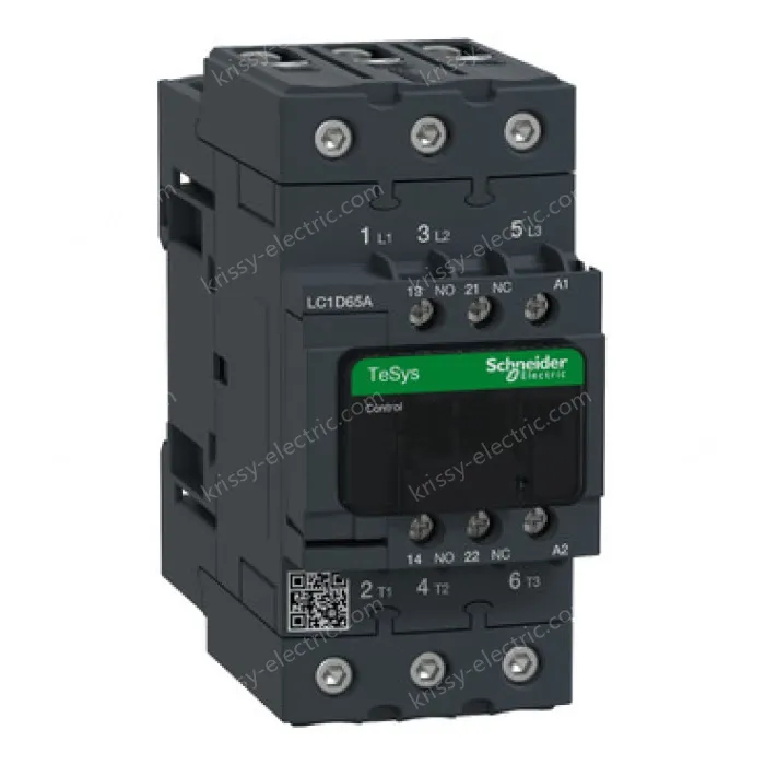 LC1D65AM7 IEC contactor, TeSys Deca, nonreversing, 65A, 40HP at 480VAC, up to 100kA SCCR, 3 phase, 3 NO, 220VAC 50/60Hz coil, open
