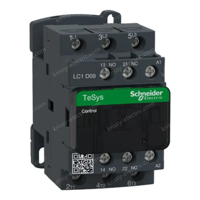 LC1D09F7 IEC contactor, TeSys Deca, nonreversing, 9A, 5HP at 480VAC, up to 100kA SCCR, 3 phase, 3 NO, 110VAC 50/60Hz coil, open style