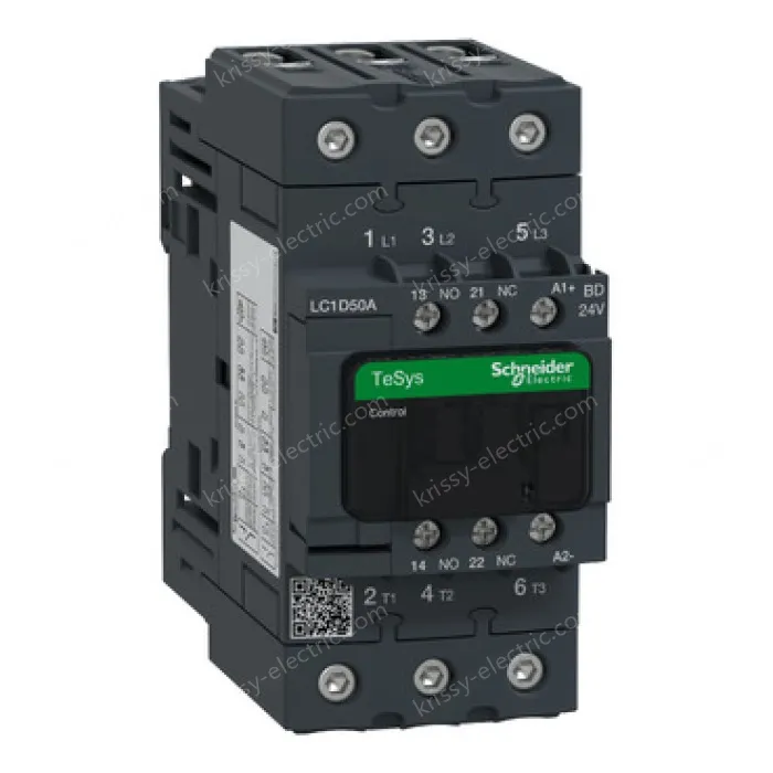 LC1D50ABD IEC contactor, TeSys Deca, nonreversing, 50A, 40HP at 480VAC, up to 100kA SCCR, 3 phase, 3 NO, 24VDC coil, open style